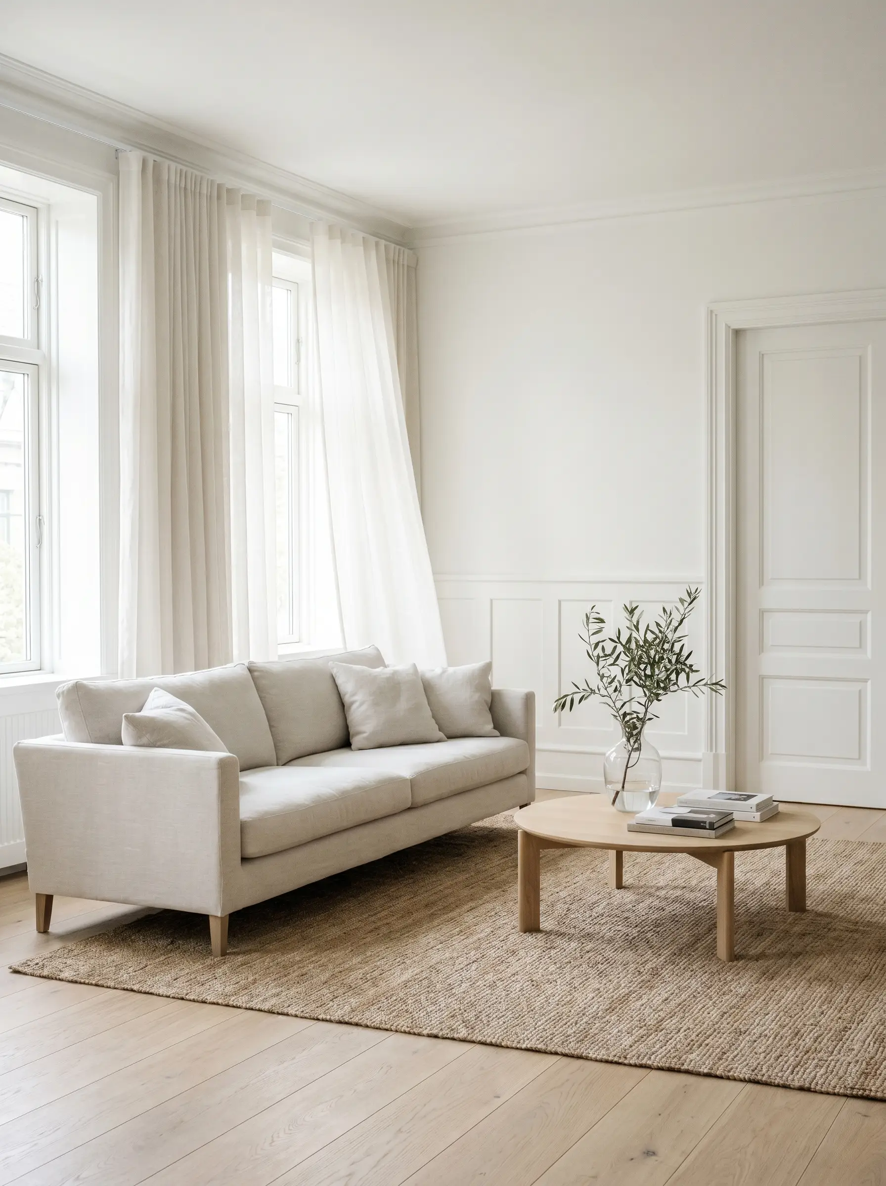 Bright airy living room with walls and crisp millwork in Benjamin Moore Chantilly Lace, a clean soft white, in abundant daylight.