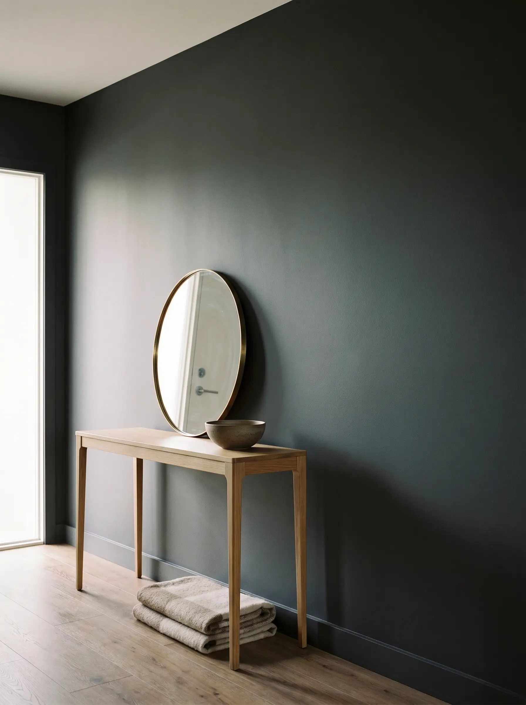 Modern entry hall with one wall in Benjamin Moore Cinder, a deep warm charcoal grey in a matte finish, with a slim oak console.