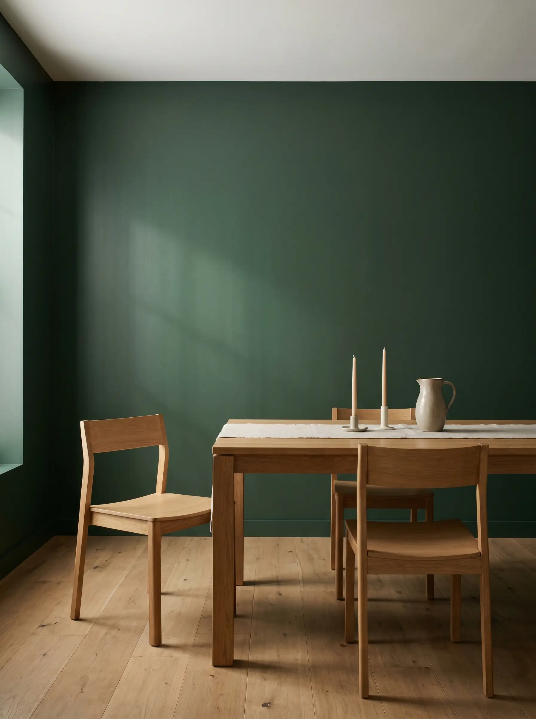 Refined dining room with walls in Benjamin Moore Essex Green, a classic deep forest green in an eggshell finish, with an oak table.