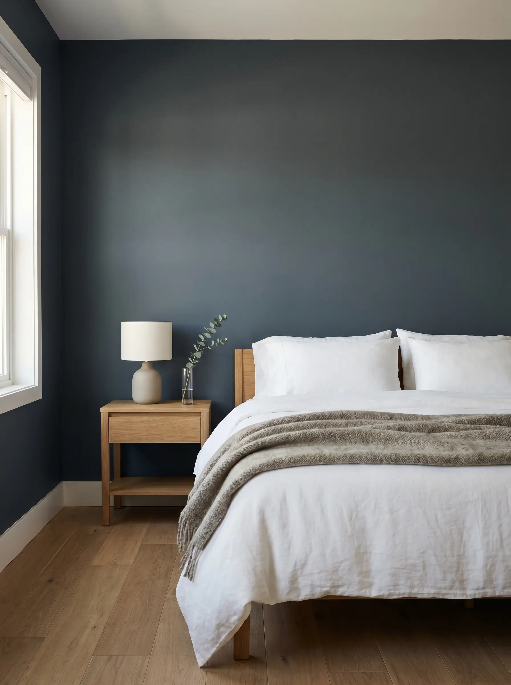 Calm bedroom with the headboard wall in Benjamin Moore Hale Navy, a deep navy in an eggshell finish, in soft morning light.