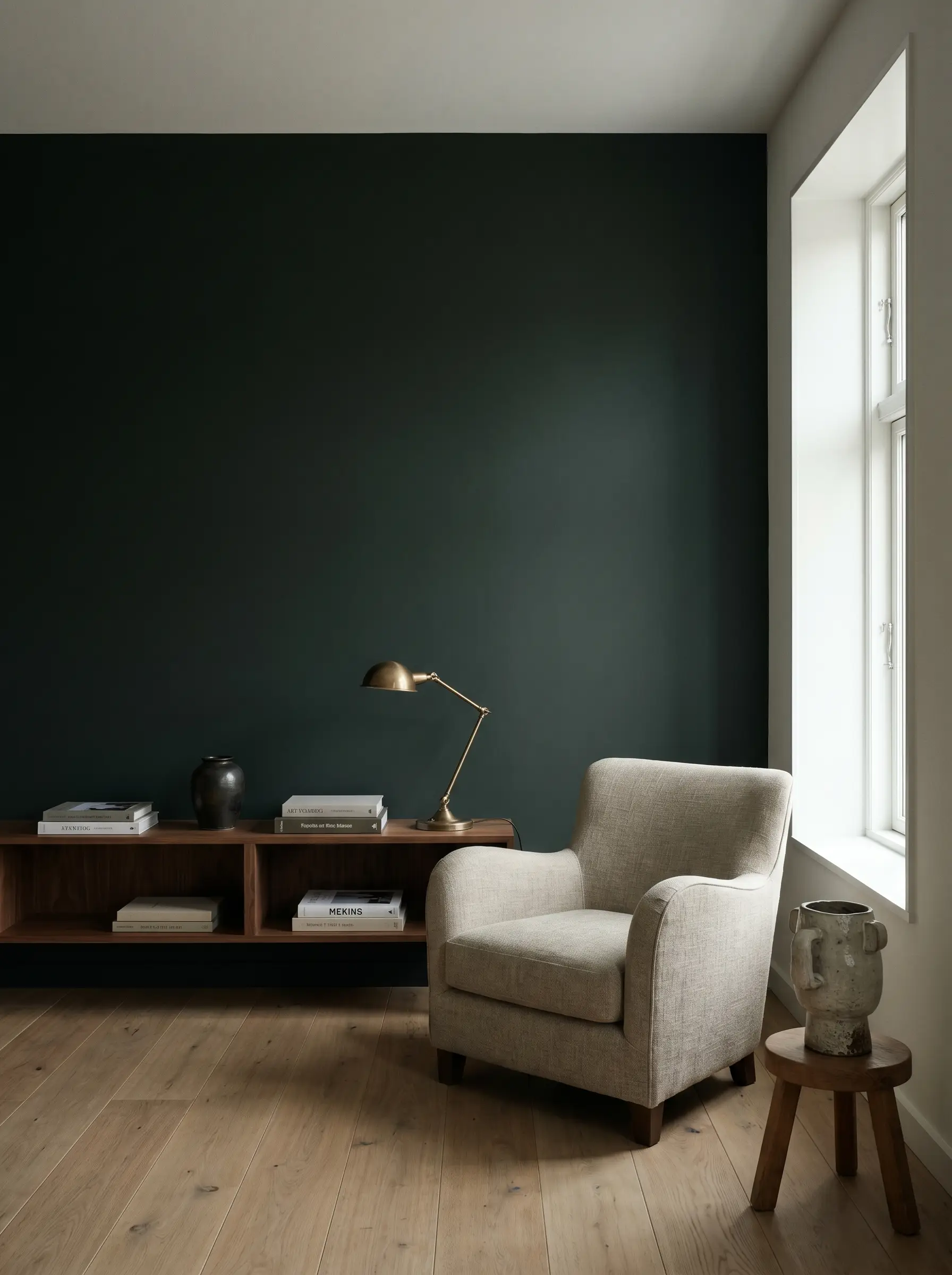 Quiet study with one wall in Benjamin Moore Salamander, a near-black green in a matte finish, lit by soft side daylight.